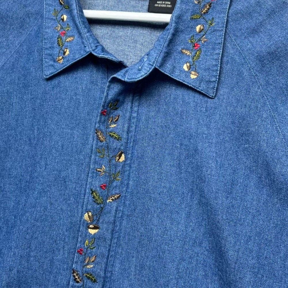 Vintage Ms Lee Denim‎ Shirt Jacket Floral Embroidery Blue Collared Zip 90's XL